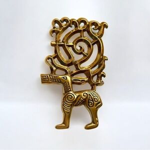 Vintage Gold Plated Met Museum Golden Deer Brooch Pendant Signed With Paperwork